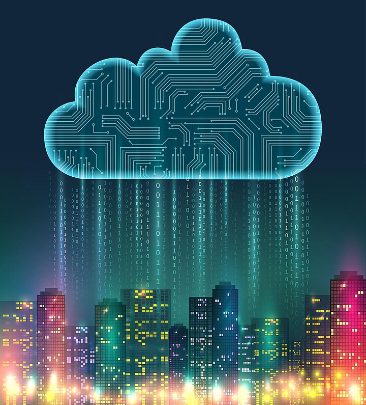 Cybernetic Cloud raining with data over the city